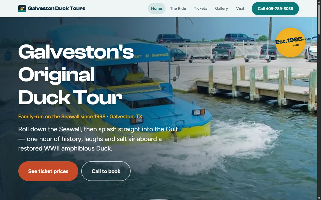 Galveston Duck Tours website hero with an amphibious duck boat splashing into the water