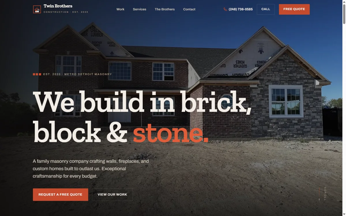 The rebuilt Twin Brothers Construction site, a cinematic dark masonry hero